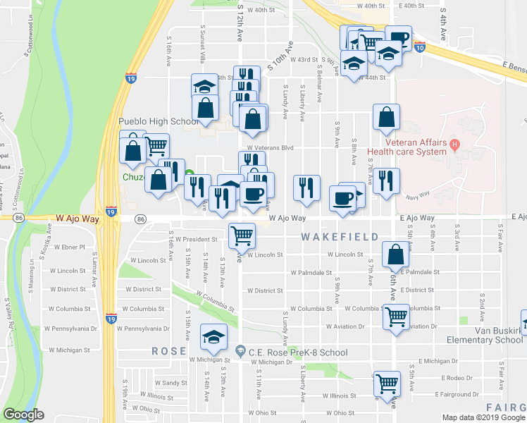 map of restaurants, bars, coffee shops, grocery stores, and more near 3766 South Clark Avenue in Tucson