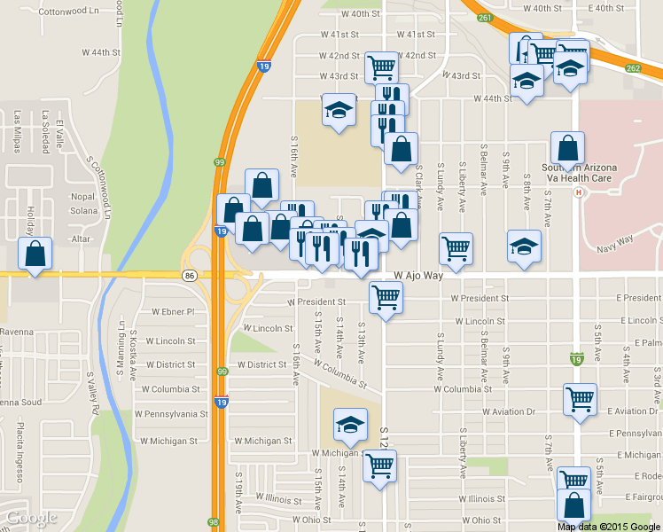 map of restaurants, bars, coffee shops, grocery stores, and more near 708 West Ajo Way in Tucson