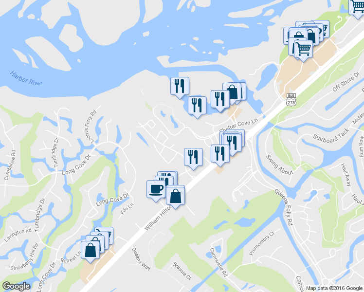 map of restaurants, bars, coffee shops, grocery stores, and more near 28 Yacht Cove Drive in Hilton Head Island