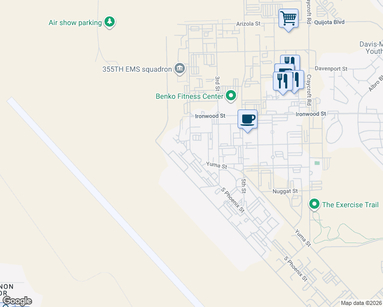 map of restaurants, bars, coffee shops, grocery stores, and more near Phoenix Street in Tucson