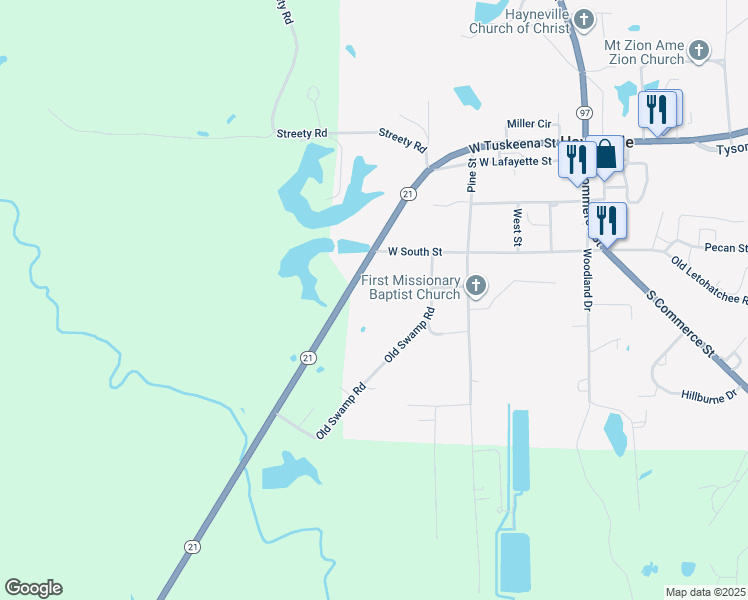 map of restaurants, bars, coffee shops, grocery stores, and more near 629 Alabama 21 in Hayneville