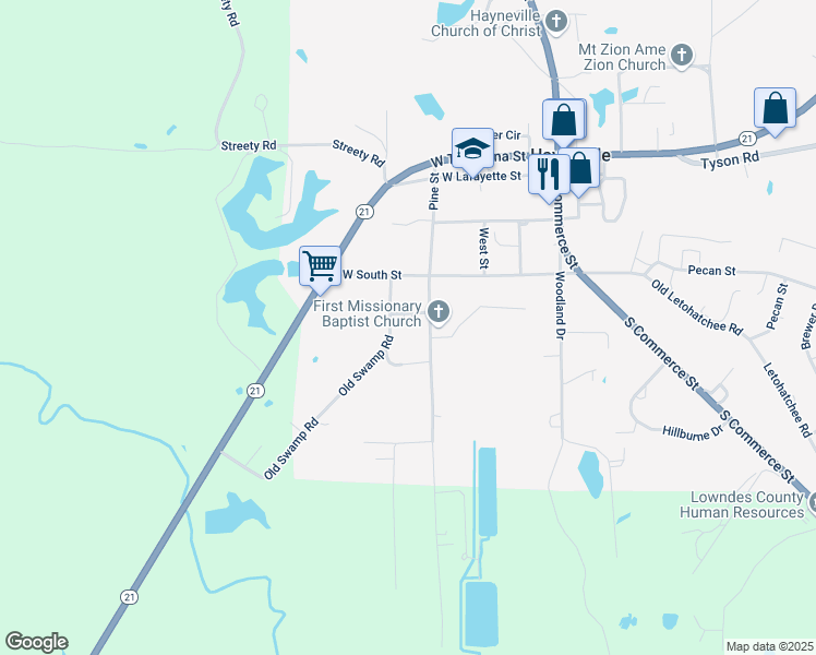 map of restaurants, bars, coffee shops, grocery stores, and more near 100-198 Pine Street in Hayneville