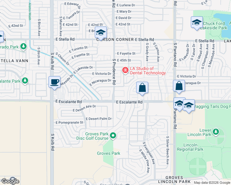 map of restaurants, bars, coffee shops, grocery stores, and more near 7572 East Kensington Drive in Tucson