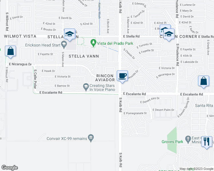 map of restaurants, bars, coffee shops, grocery stores, and more near 7016 East Mustang Flyer Way in Tucson