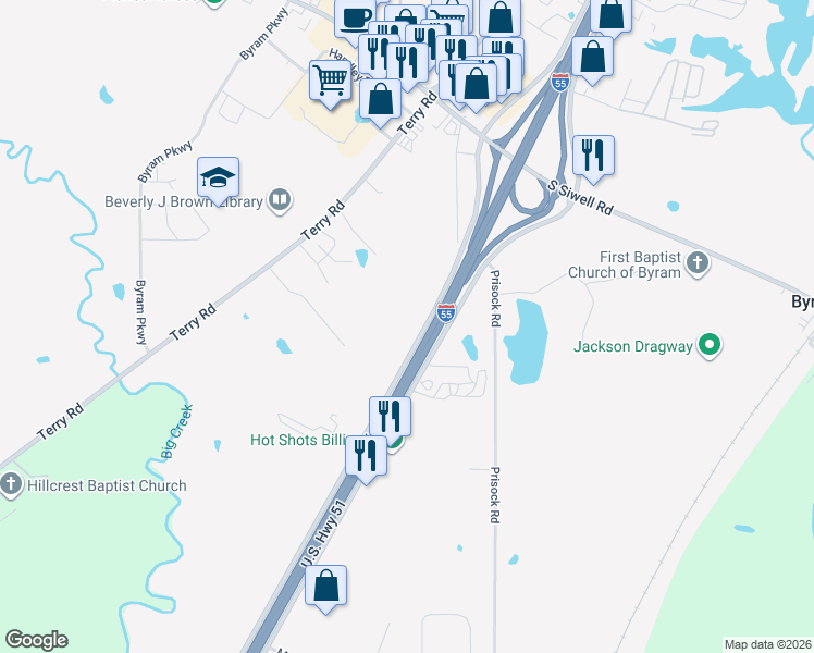 map of restaurants, bars, coffee shops, grocery stores, and more near 6017 Interstate 55 in Jackson