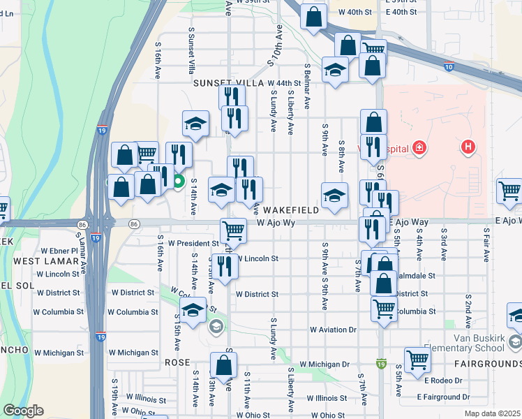 map of restaurants, bars, coffee shops, grocery stores, and more near 3766 South Clark Avenue in Tucson