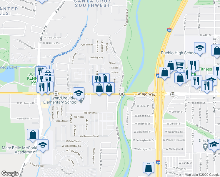 map of restaurants, bars, coffee shops, grocery stores, and more near 1302 West Ajo Way in Tucson