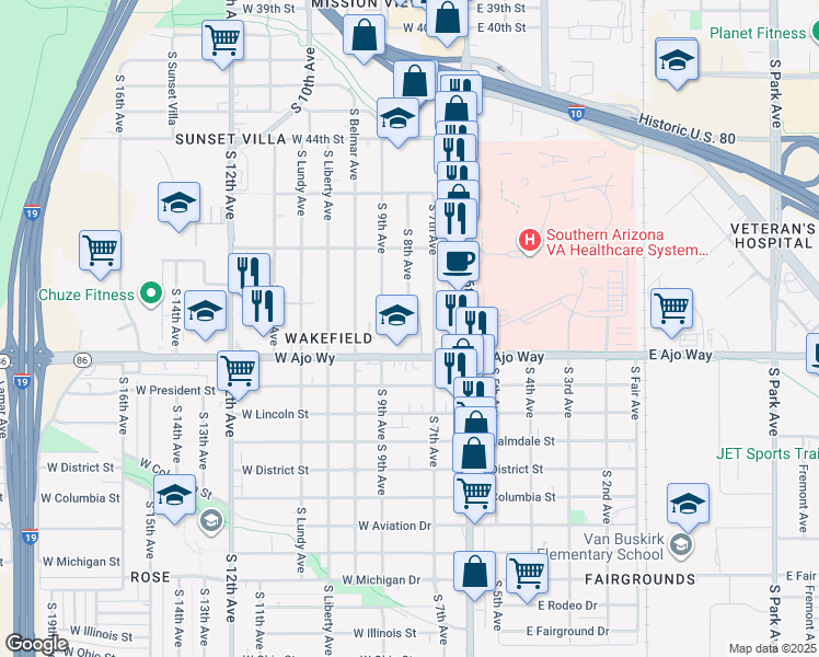 map of restaurants, bars, coffee shops, grocery stores, and more near 150 West Ajo Way in Tucson