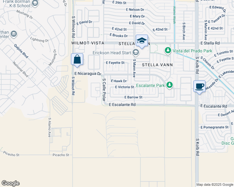 map of restaurants, bars, coffee shops, grocery stores, and more near 3620 South Quebec Place in Tucson