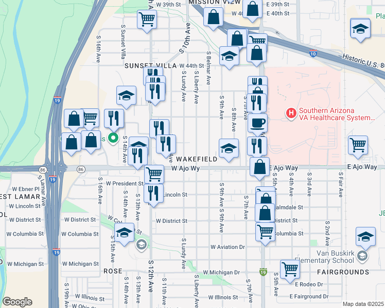 map of restaurants, bars, coffee shops, grocery stores, and more near 3701 South Lundy Avenue in Tucson