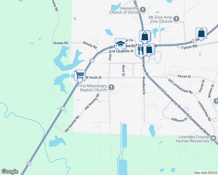 map of restaurants, bars, coffee shops, grocery stores, and more near 100 Pine Street in Hayneville