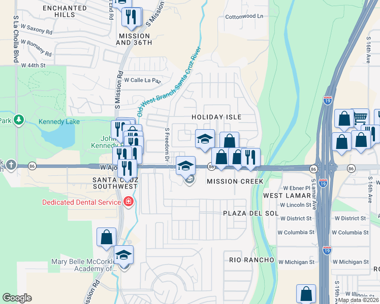 map of restaurants, bars, coffee shops, grocery stores, and more near Holiday Loop in Tucson