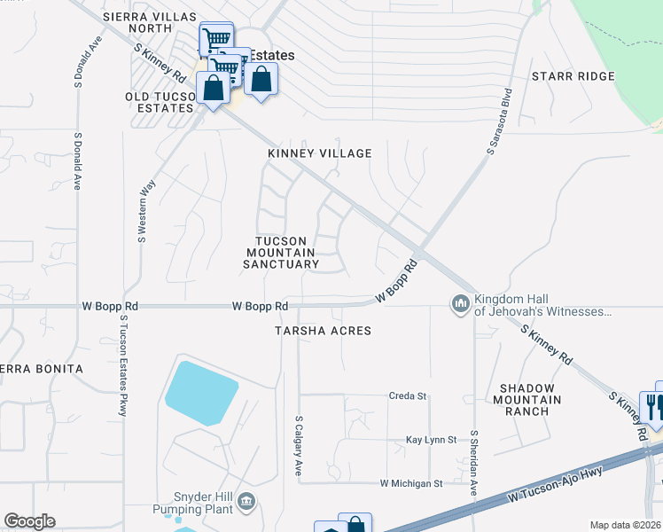 map of restaurants, bars, coffee shops, grocery stores, and more near 5742 West Desert Choir Road in Tucson