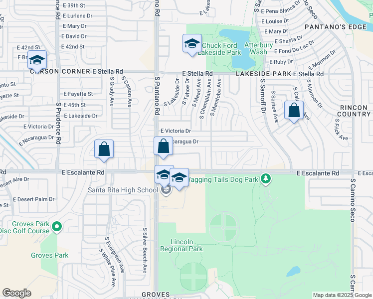 map of restaurants, bars, coffee shops, grocery stores, and more near 8002 East Nicaragua Drive in Tucson