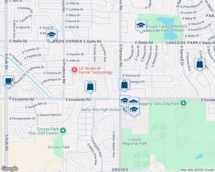 map of restaurants, bars, coffee shops, grocery stores, and more near 7802 East Nicaragua Drive in Tucson
