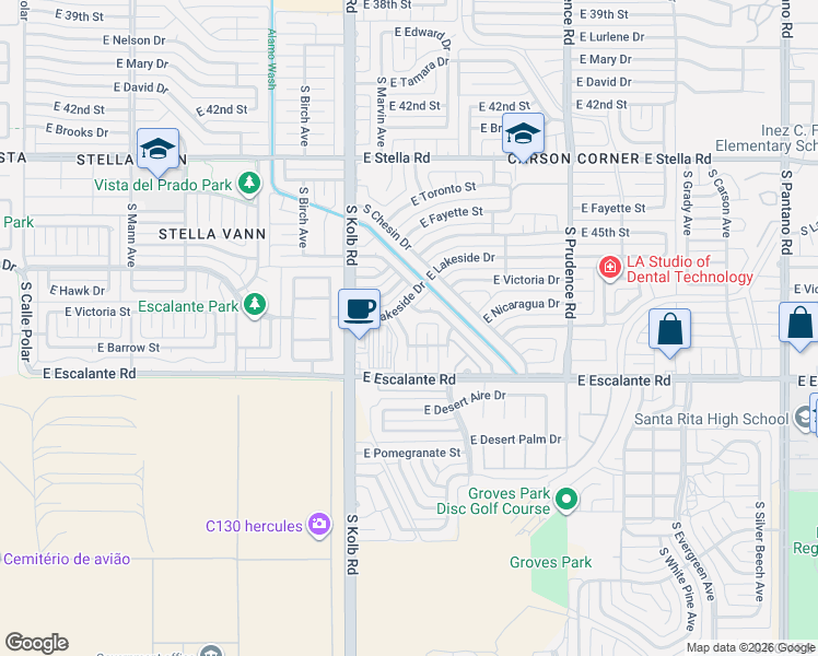 map of restaurants, bars, coffee shops, grocery stores, and more near 3641 South Marvin Place in Tucson