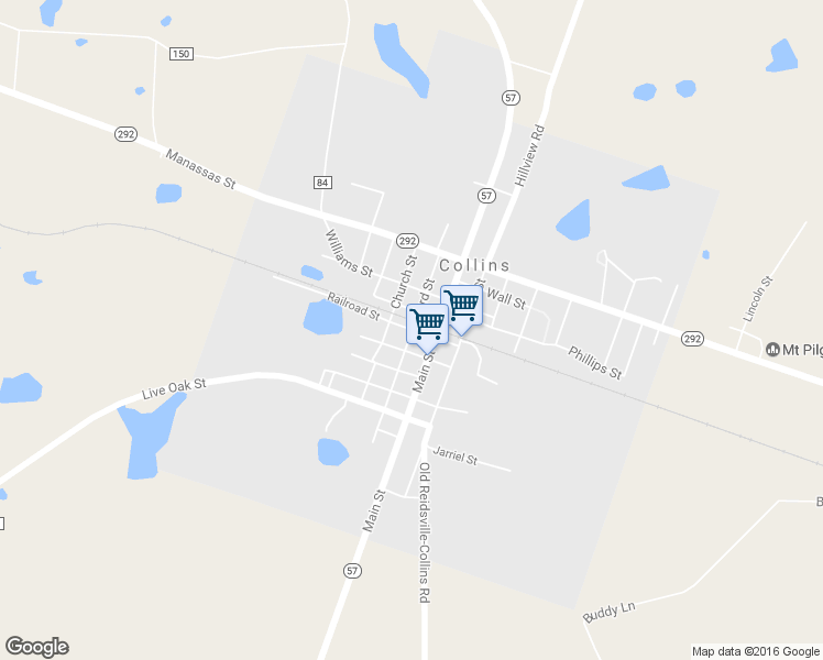 map of restaurants, bars, coffee shops, grocery stores, and more near 213 Railroad Street in Collins