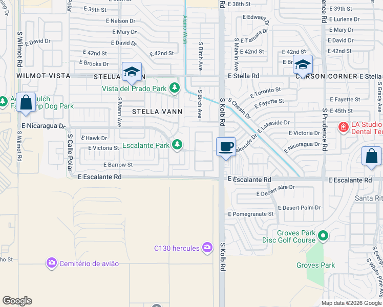 map of restaurants, bars, coffee shops, grocery stores, and more near 3652 Fighting Falcon Drive in Tucson
