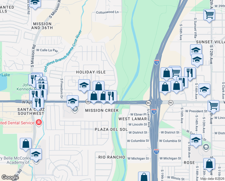map of restaurants, bars, coffee shops, grocery stores, and more near 3565 South Cottonwood Lane in Tucson