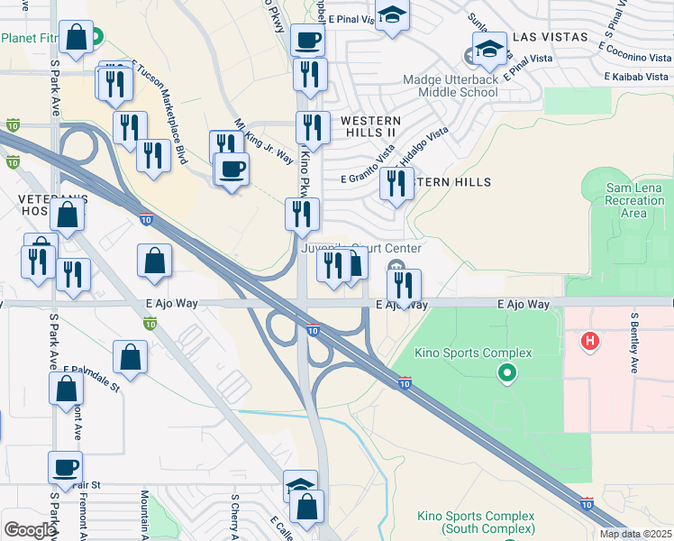 map of restaurants, bars, coffee shops, grocery stores, and more near 1987 East Ajo Way in Tucson