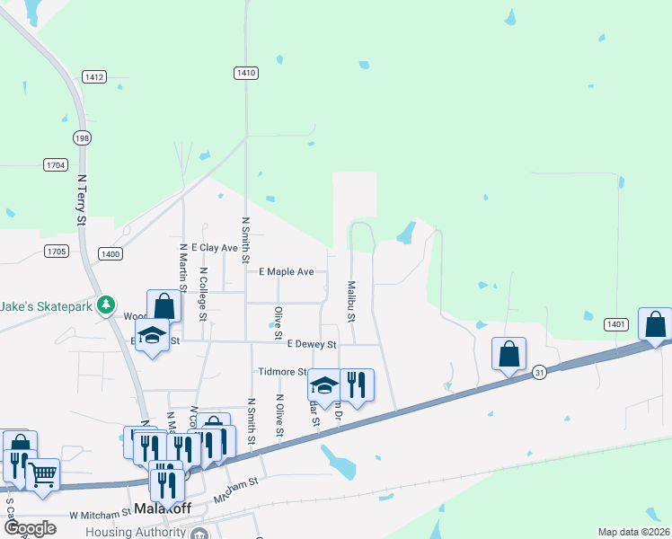 map of restaurants, bars, coffee shops, grocery stores, and more near 704 North Cedar Street in Malakoff