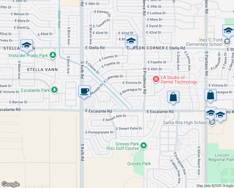 map of restaurants, bars, coffee shops, grocery stores, and more near 3630 South Chesin Drive in Tucson
