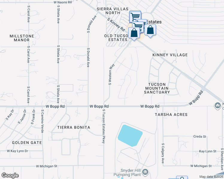 map of restaurants, bars, coffee shops, grocery stores, and more near 3621 South Western Way in Tucson