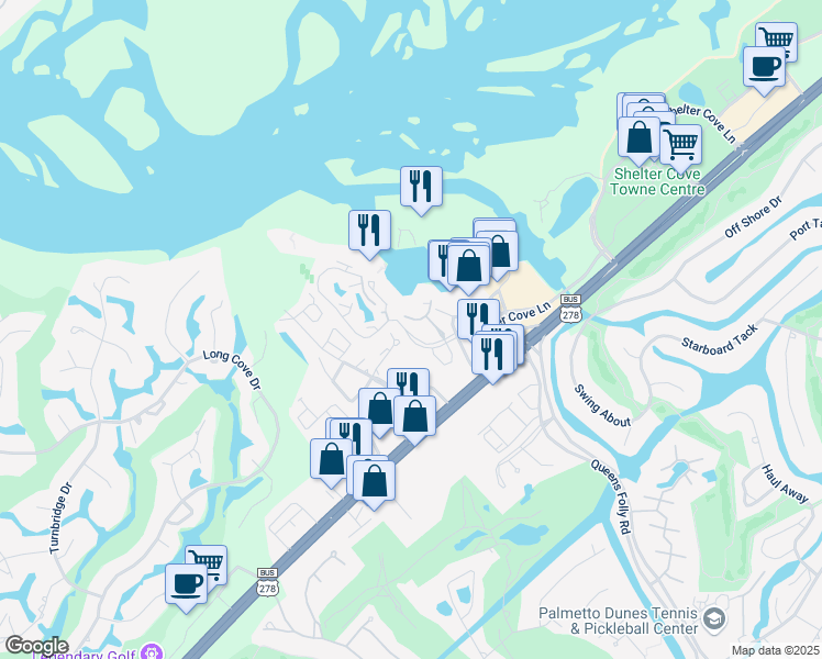 map of restaurants, bars, coffee shops, grocery stores, and more near 9 Shelter Cove Lane in Hilton Head Island