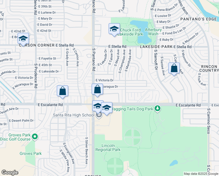 map of restaurants, bars, coffee shops, grocery stores, and more near 8002 East Nicaragua Drive in Tucson