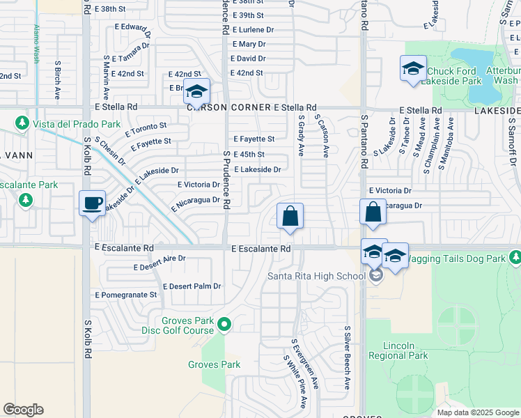 map of restaurants, bars, coffee shops, grocery stores, and more near 7570 East Logan Drive in Tucson