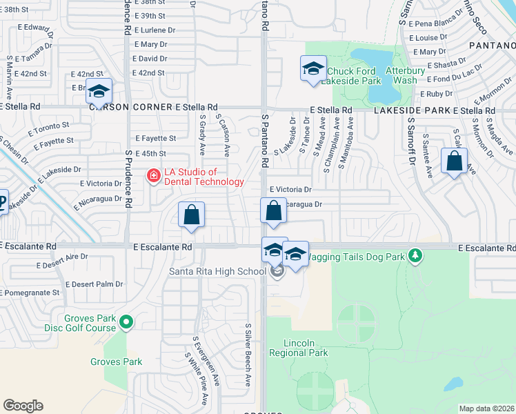 map of restaurants, bars, coffee shops, grocery stores, and more near 1880 East Nicaragua Drive in Tucson