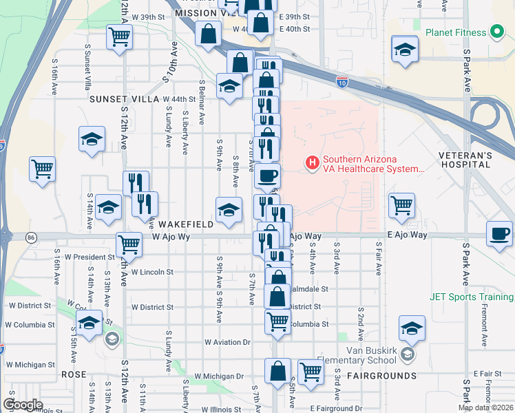 map of restaurants, bars, coffee shops, grocery stores, and more near 3702 South 7th Avenue in Tucson