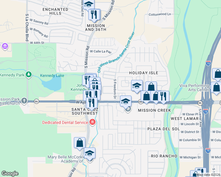 map of restaurants, bars, coffee shops, grocery stores, and more near 1662 West Circle A Drive in Tucson