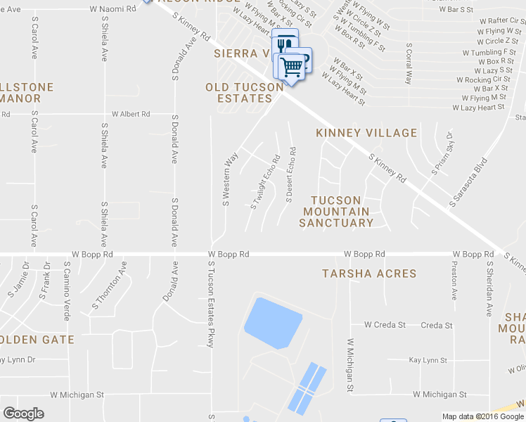 map of restaurants, bars, coffee shops, grocery stores, and more near 3615 South Double Echo Road in Tucson