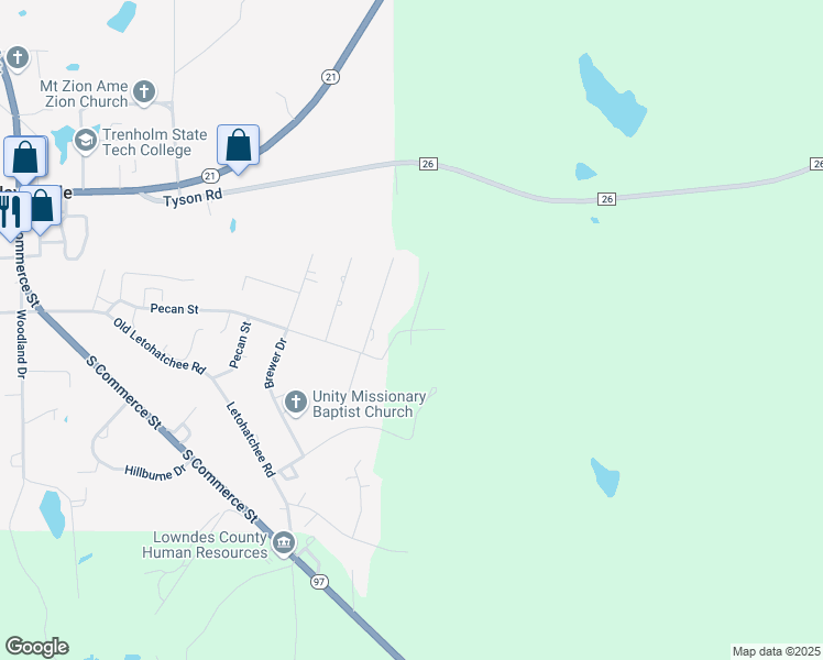 map of restaurants, bars, coffee shops, grocery stores, and more near 56 Rivers Drive in Hayneville
