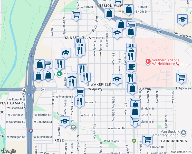 map of restaurants, bars, coffee shops, grocery stores, and more near 3701 South Lundy Avenue in Tucson