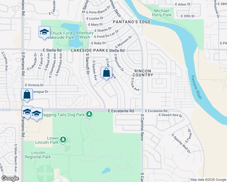 map of restaurants, bars, coffee shops, grocery stores, and more near 3572 South Avenida De Las Palmas in Tucson