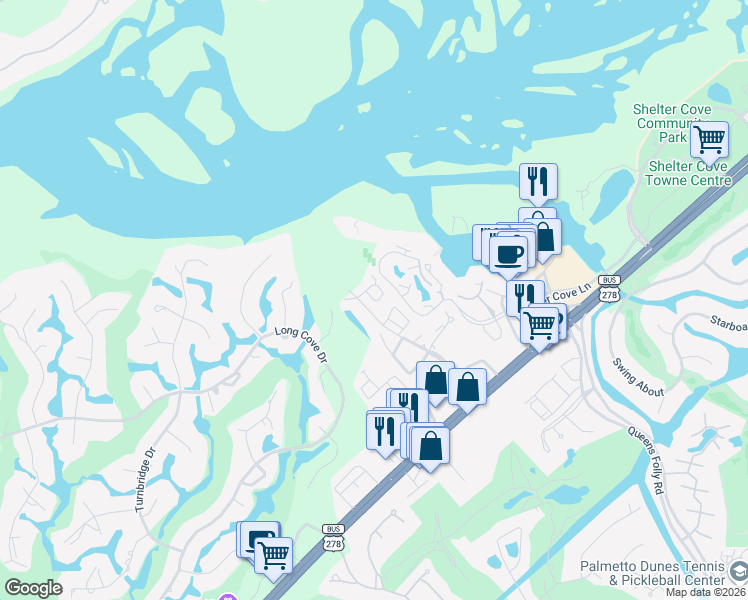 map of restaurants, bars, coffee shops, grocery stores, and more near 39 Bellhaven Way in Hilton Head Island