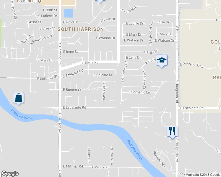 map of restaurants, bars, coffee shops, grocery stores, and more near 9830 East Nicaragua Place in Tucson