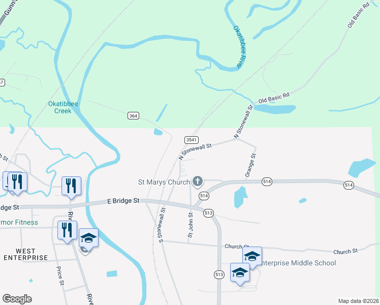 map of restaurants, bars, coffee shops, grocery stores, and more near 212 North Stonewall Street in Enterprise