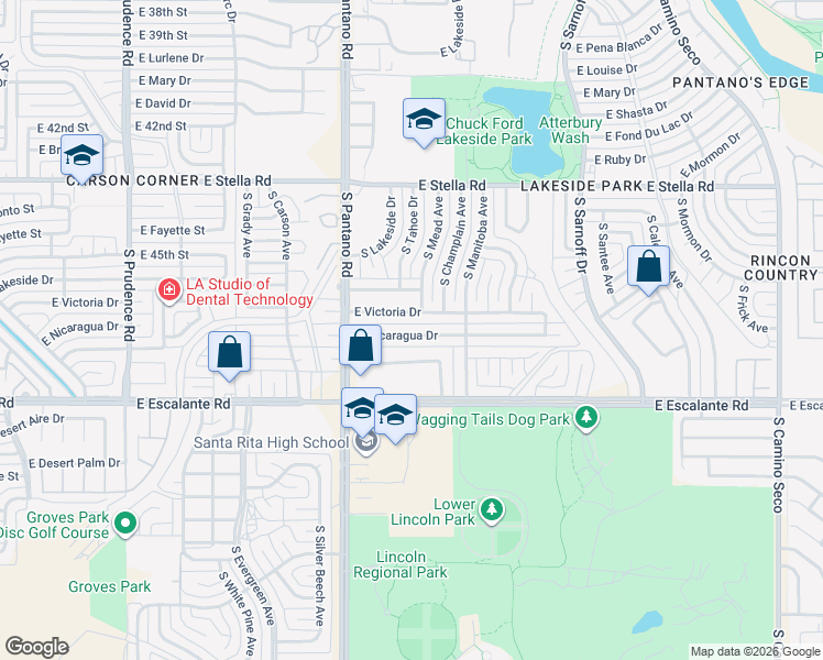 map of restaurants, bars, coffee shops, grocery stores, and more near 8002 East Nicaragua Drive in Tucson