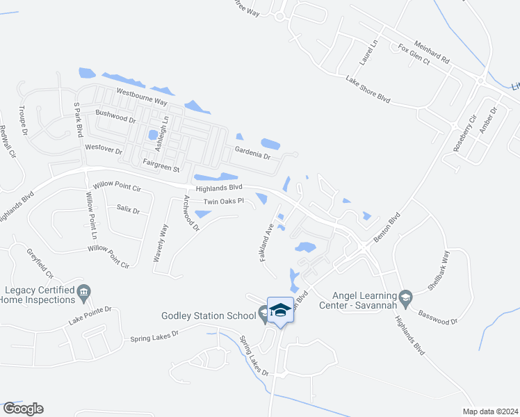 map of restaurants, bars, coffee shops, grocery stores, and more near 48 Twin Oaks Place in Pooler