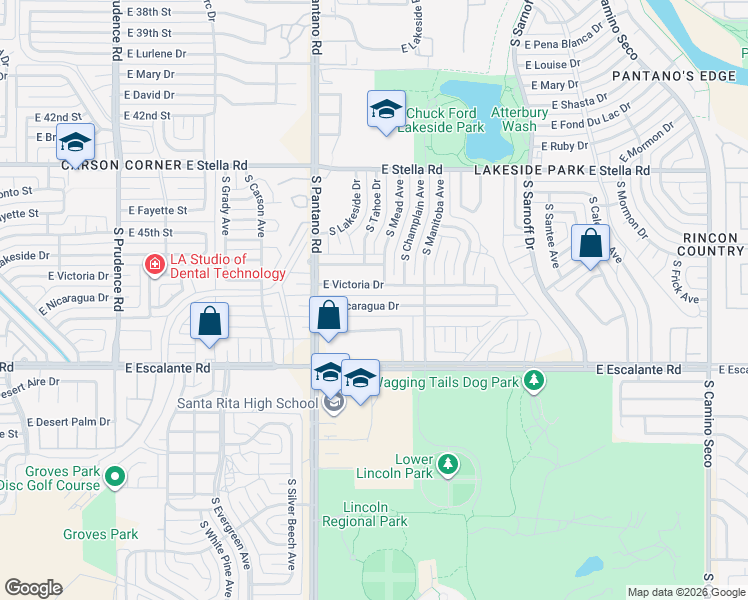 map of restaurants, bars, coffee shops, grocery stores, and more near 8002 East Nicaragua Drive in Tucson