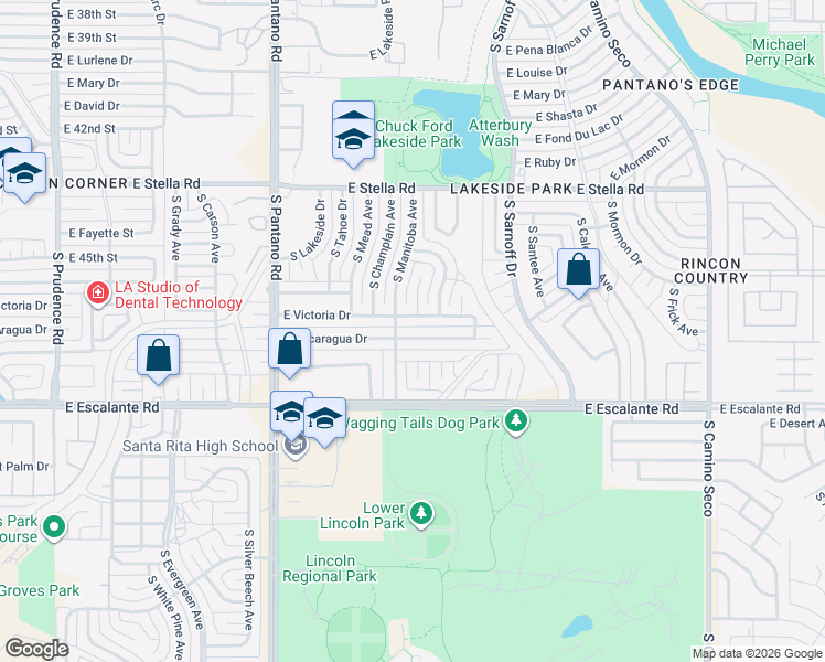 map of restaurants, bars, coffee shops, grocery stores, and more near 8144 East Nicaragua Drive in Tucson