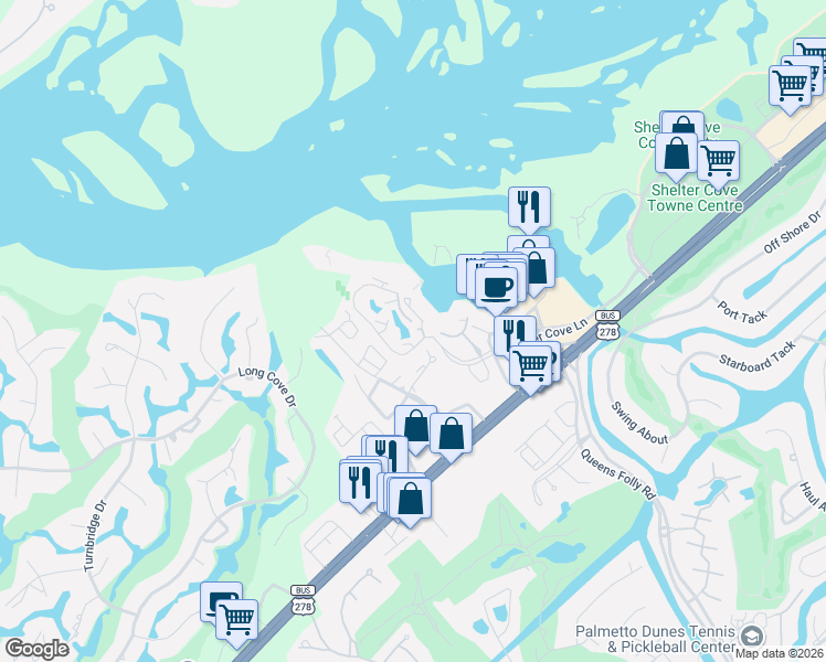 map of restaurants, bars, coffee shops, grocery stores, and more near 8 Shelter Cove Lane in Hilton Head Island