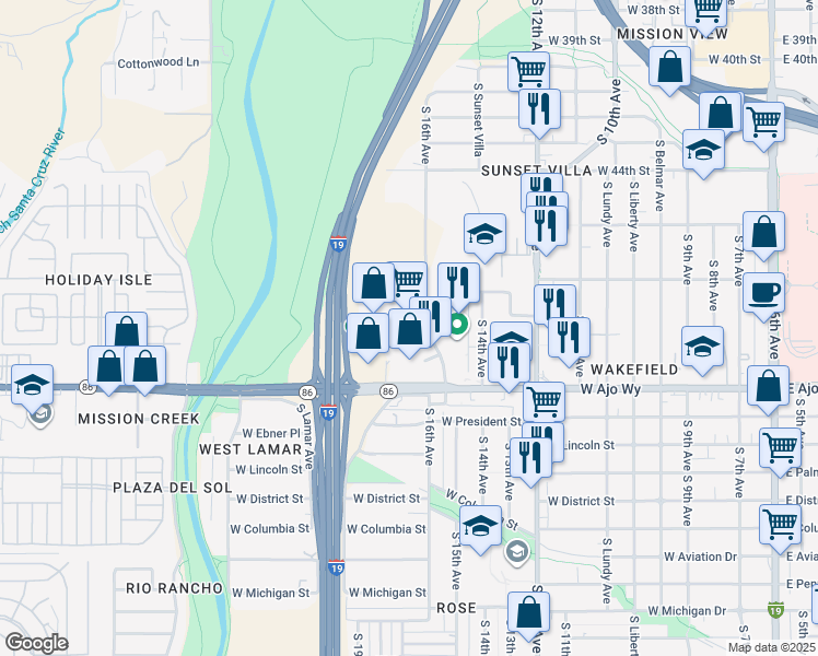 map of restaurants, bars, coffee shops, grocery stores, and more near 3640 South 16th Avenue in Tucson
