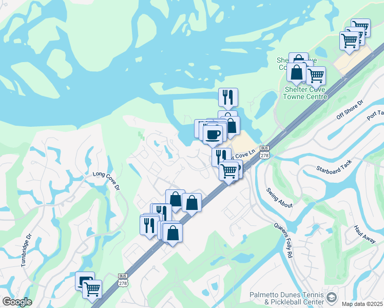 map of restaurants, bars, coffee shops, grocery stores, and more near 9 Shelter Cove Lane in Hilton Head Island