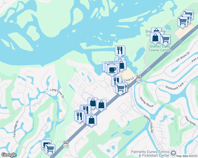map of restaurants, bars, coffee shops, grocery stores, and more near 9 Shelter Cove Lane in Hilton Head Island