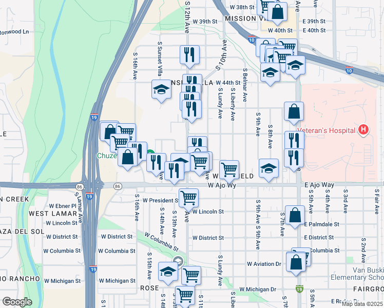 map of restaurants, bars, coffee shops, grocery stores, and more near 3662 South Bronson Lane in Tucson