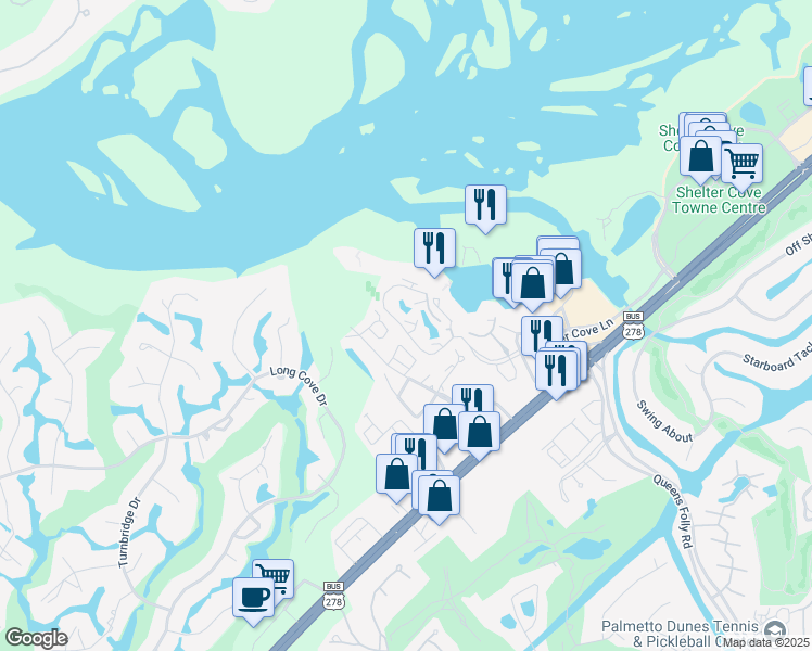 map of restaurants, bars, coffee shops, grocery stores, and more near 8 Shelter Cove Lane in Hilton Head Island